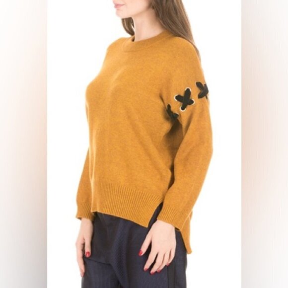 ** Molly Bracken Mustard Crew Neck Sweater w/ Velvet Arm Tie Detailing Size L/XL - Picture 2 of 8